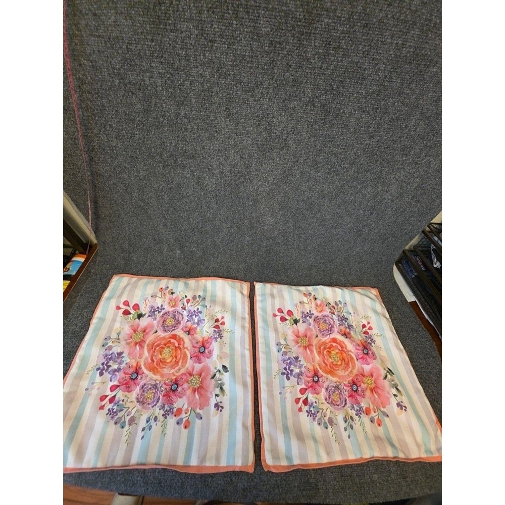 Floral Beaded Throw Pillows Pair 18x18 Peach Border Striped Pastel Decor Cushion
